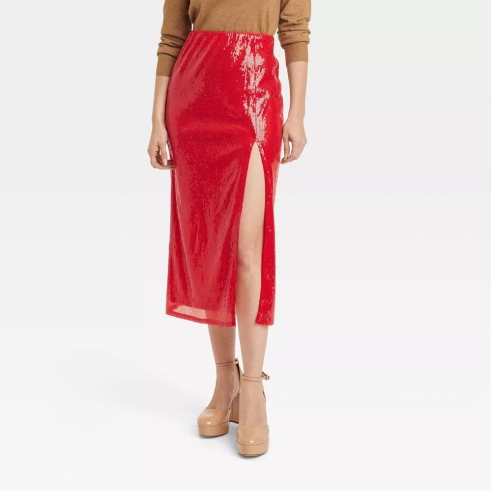 A New Day - Red Sequin Midi Skirt